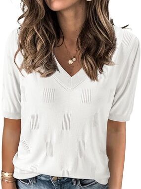 V-Neck Short Sleeve Knit Top - White